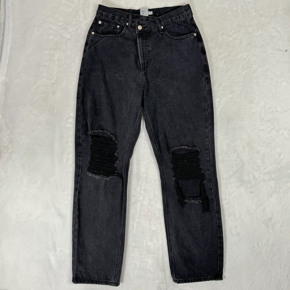 Princess Polly High Waist Straight Leg Jeans Size 6 Black Distressed Relaxed‎